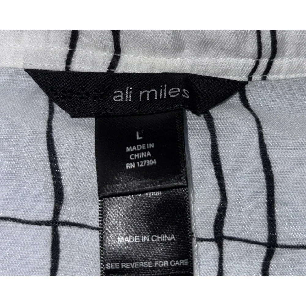 Ali Miles Women's Large Abstract White Black Plaid Button Up Artsy Lagenlook